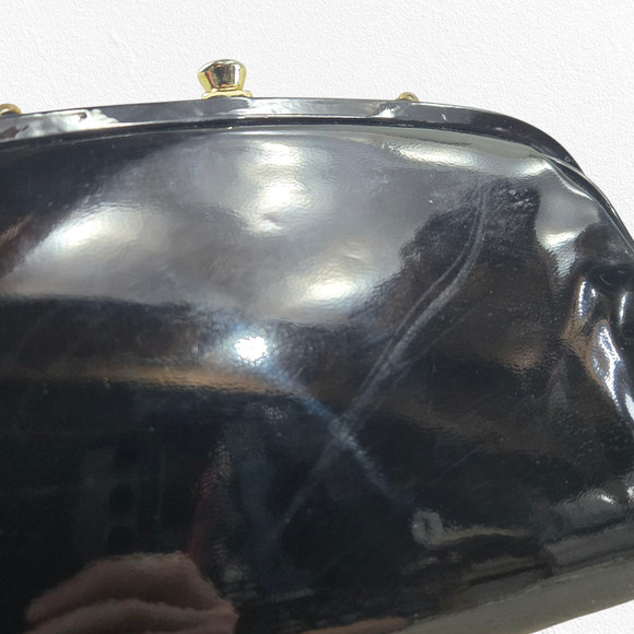 Vintage 50s Black Patent Vinyl Chain Evening Bag Kiss Lock Mid Century Purse - Picture 4 of 9